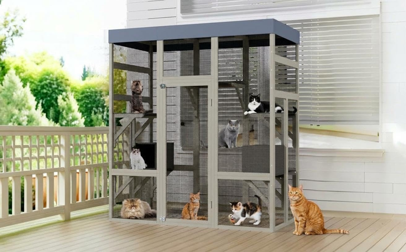 70" Large Cat Catio Outdoor Cat Enclosure, Walk-in Cat Cage Cat House with Removable Tarp Roof & Weatherproof Shelter for Multiple Indoor Outdoor Cats, Outside Patio