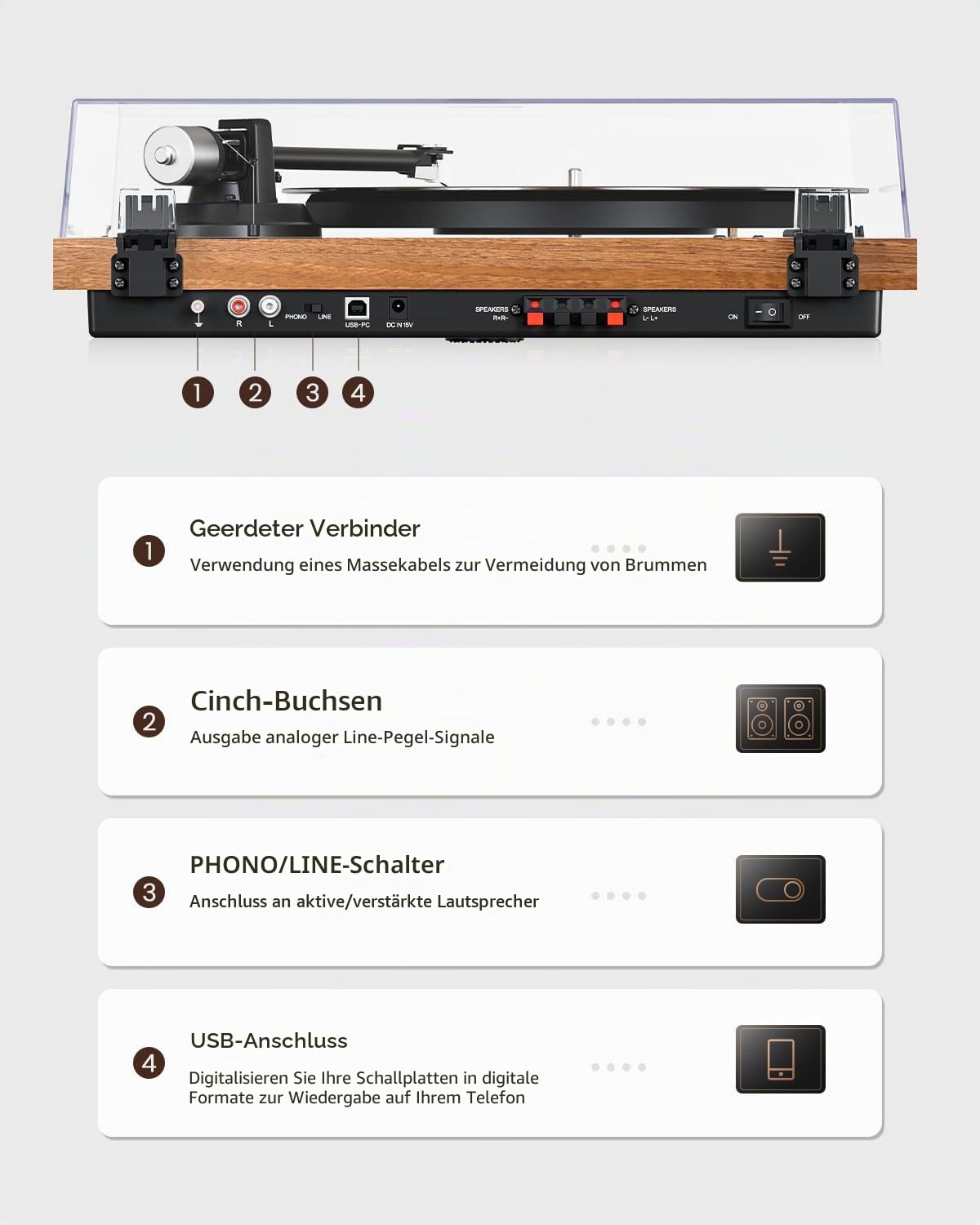 1 by ONE HiFi Bluetooth Plattenspieler mit USB-Anschluss MM System 33/45 U/min Auto-Stopp und Phono-Vorverstärker Riemenantrieb Vinyl Record Player mit 2 Lautsprechern