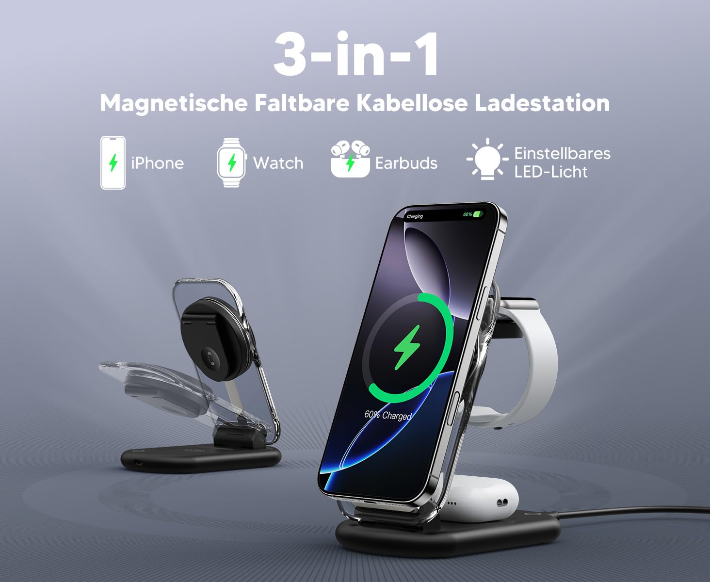 Stazione di ricarica induttiva, caricabatterie Mag Safe, 3 in 1, compatibile con iPhone 17, 16, 15, 14, 13, 12 Pro Max/Air/Plus/Pro, caricatore wireless da 15 W, pieghevole per Apple Watch10/9