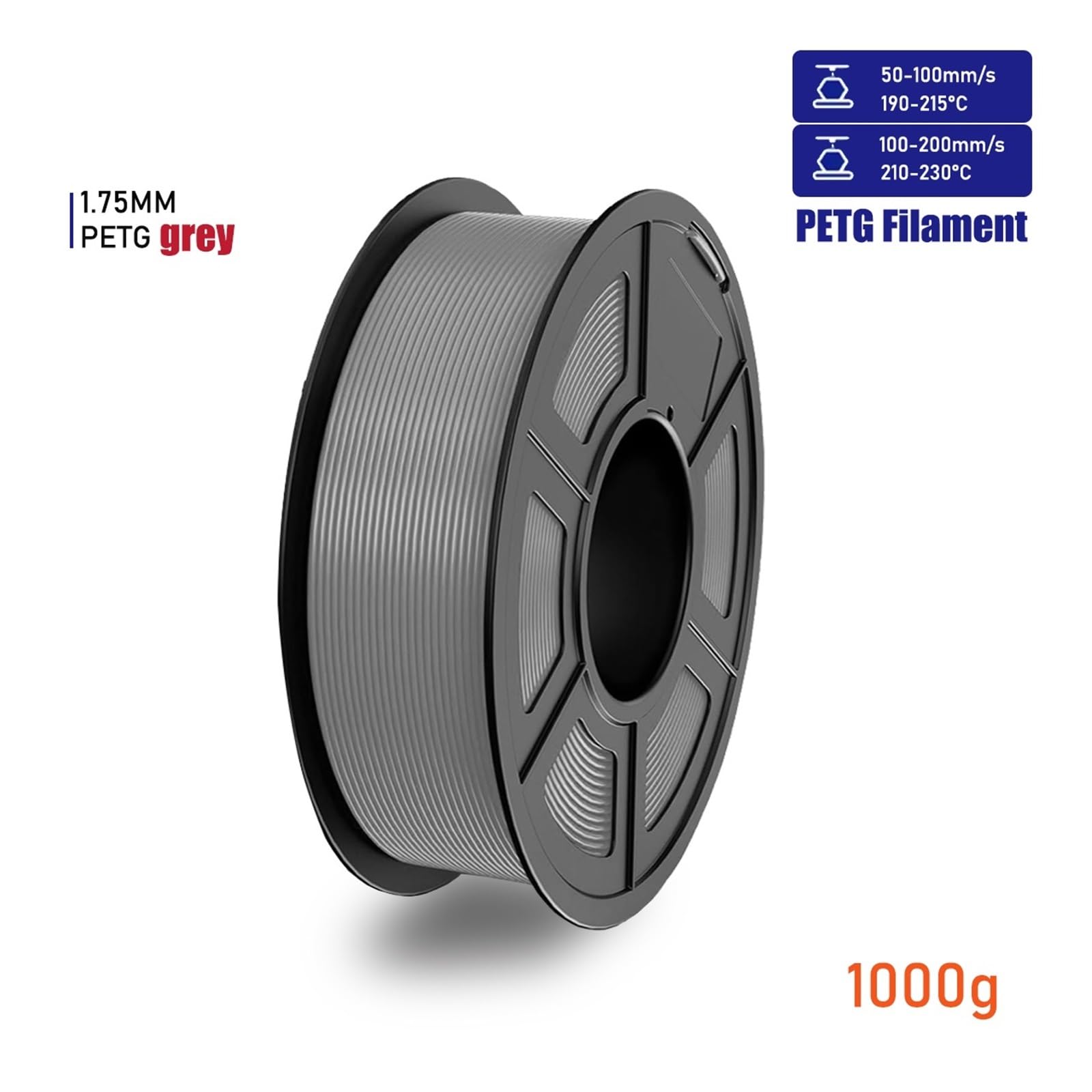Filament PETG 1,75 mm, lot de 500 g/1 000 g, emballé individuellement sous vide, couleurs(Grey 1000g)