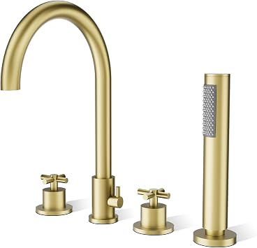 Roman Tub Faucet with Handheld Shower, 2 Handles 4-Hole High Arc Waterfall Deck Mount Bathtub Faucet, Solid Brass Bathtub Faucet Set with Rough-in Valve Brushed Gold