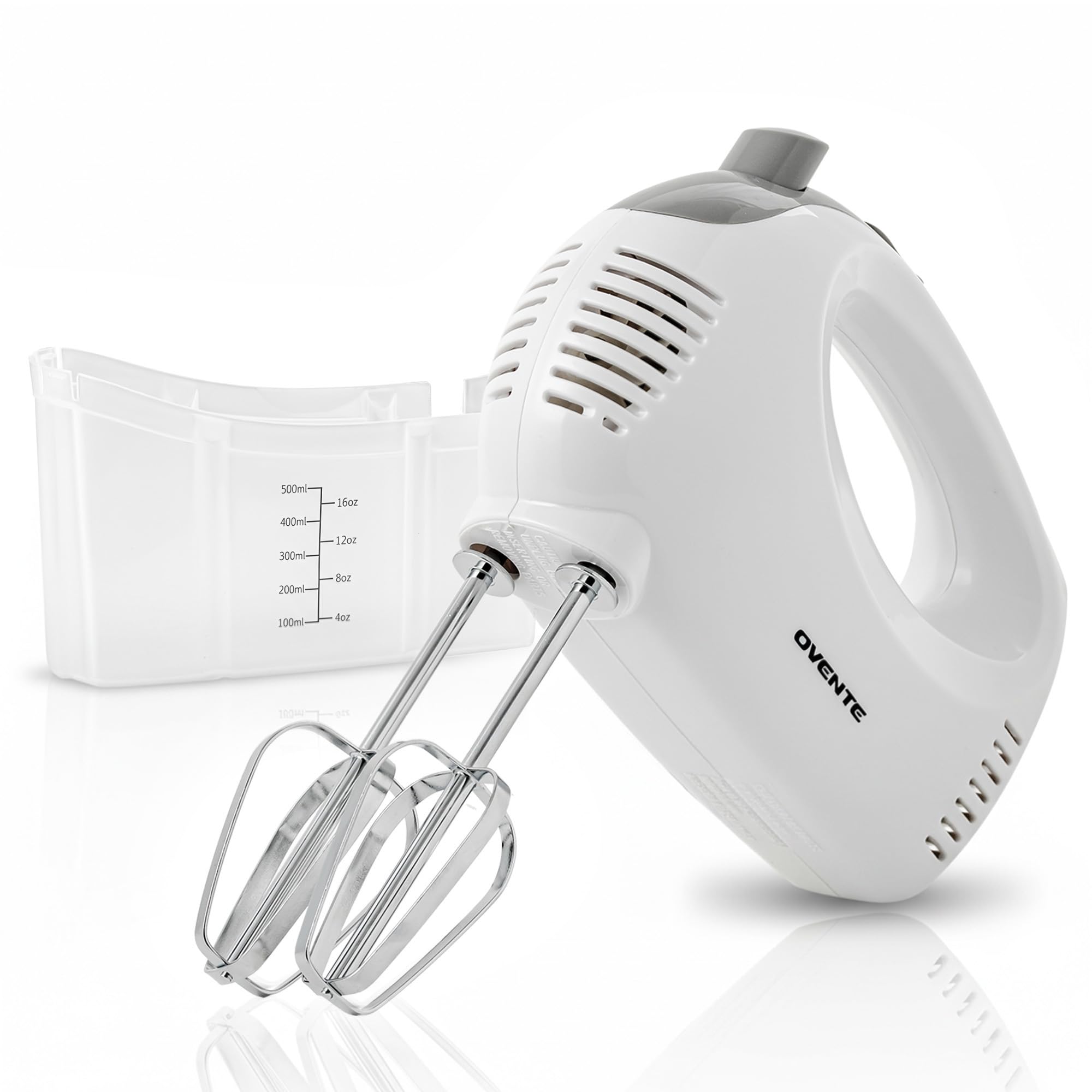 OVENTE 5-Speed Corded Electric Hand Mixer with Stainless Steel Whisks, Compact Portable Design with Snap-On Storage Case,150W Lightweight Handheld Mixer for Baking & Cooking, White HM151W