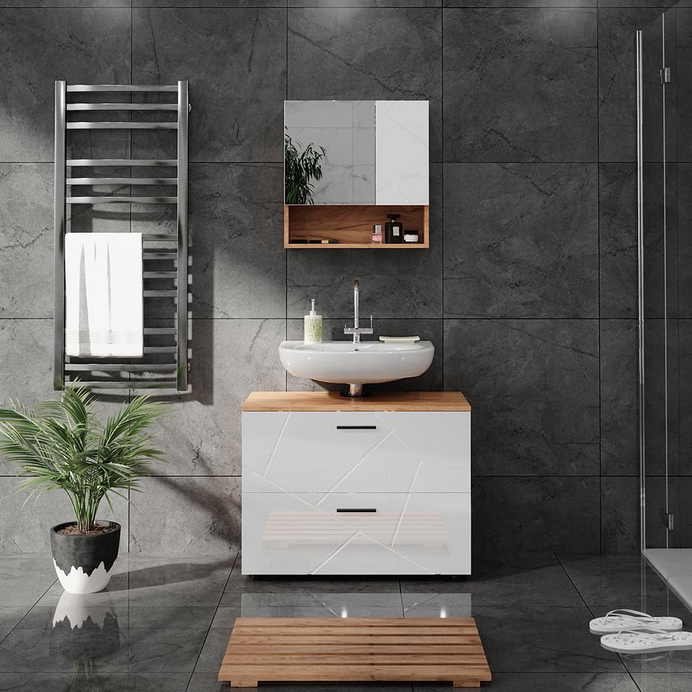 Vicco Mobile sottolavabo per bagno Irma Bianco lucido/Rovere 80x58.6 cm | adatto per l'installazione sopra il sifone con aperture di aerazione
