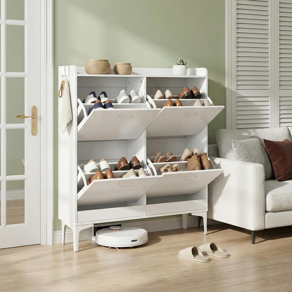 EGGREE Zapatero Estrecho con 4 Puertas Abatibles y Estantes Regulables, Mueble de Almacenamiento Blanco para Entrada, Salón, Dormitorio,105x24x102 cm