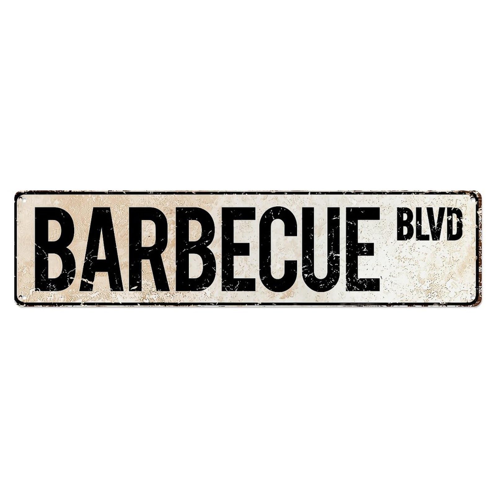 Jdyaojiesheng Vintage Barbecue Blvd Street Sign Pattern Tin Sign Retro Metal Wall Decor Metal Poster, Home Bar Garage Farmhouse Cafe Wall Art Decoration 4X16inch