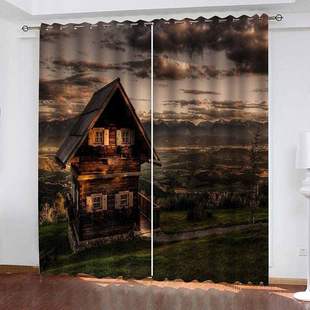 QGWMCD Blackout Curtains Brown Green Prairie Hut Print Pattern Eyelet Blackout Thermal Insulated & Room Darkening Window Drapes For Kids Boys Girls Bedroom 55.1x98.4 inch x2