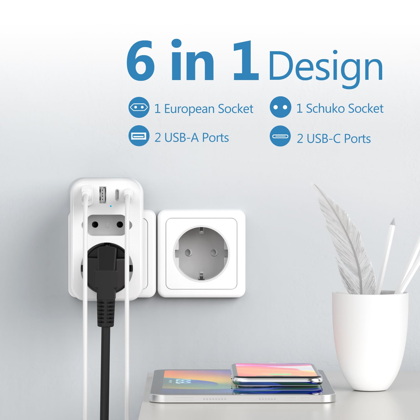Universele reisadapter met Schuko-stopcontact en USB - Reisadapter Italië Engeland Universele reisadapter met Schuko-stopcontact en USB - Reisadapter Italië Engeland