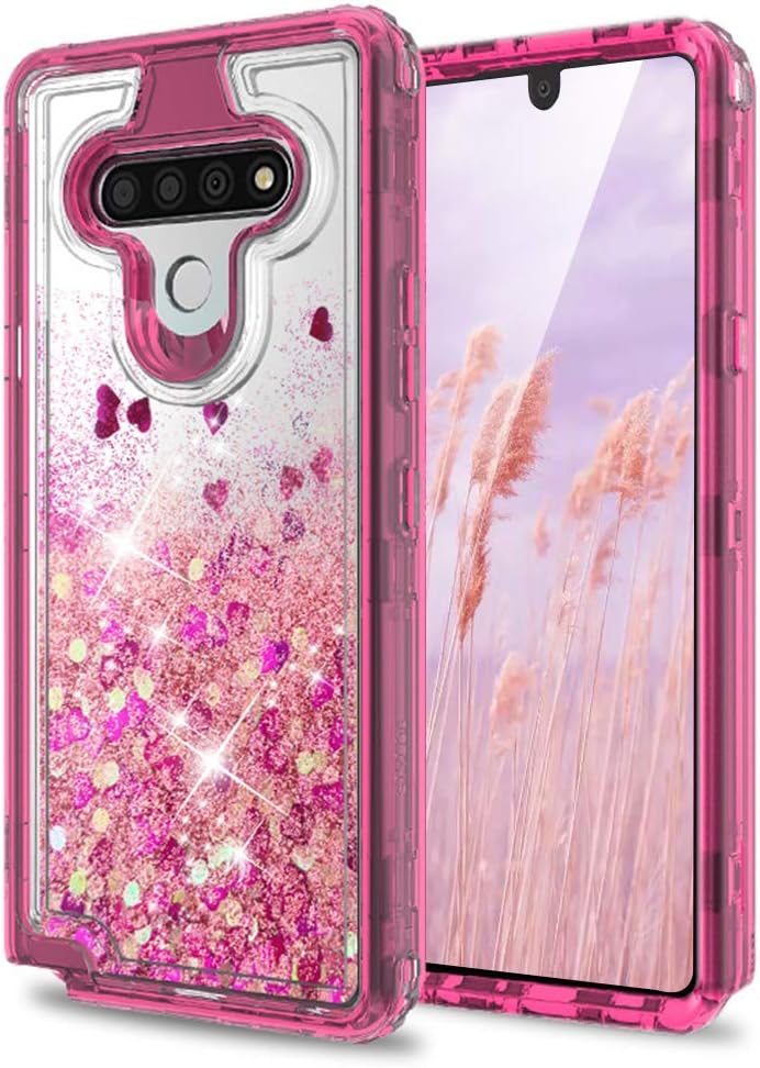 TJS Phone Case Compatible with LG Stylo 6, Transparent Liquid Glitter Snap On Hybrid Moving Quicksand Bumper Drop Protector Cover (Pink)