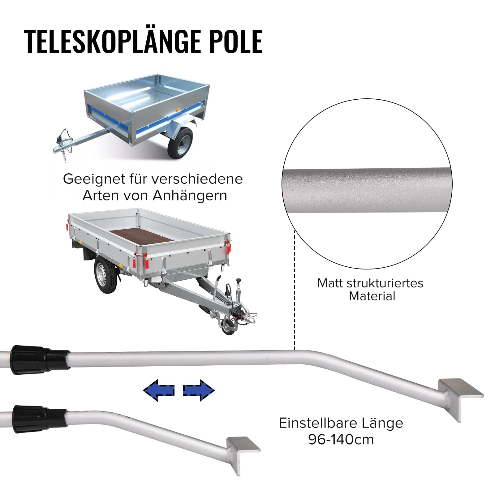 Plutohiker Vlakzeilbeugel voor aanhangerzeil, set van 3, universele aanhangerzeilen, houderbeugel (instelbare lengte 132-210 cm), duurzame en antislip aluminium beugel voor vlak zeil, 100% aluminium