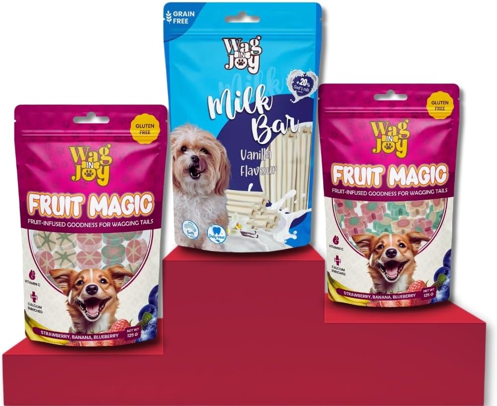 Veg Treat Combo for Dogs | Fruit Magic 125g + Goats Milk Dental Treat (Small) 150g (Pack of 3)