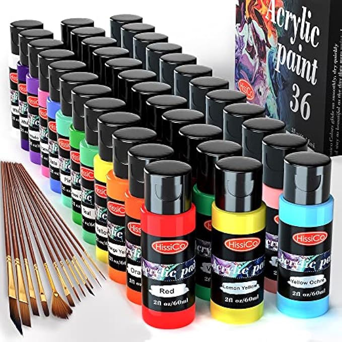 Acrylic Paint Set 36 Colors 2 Fl Oz 60ml Bottle with 12 Brushes Non-Toxic 36 Colors Acrylic Paints Non-Fade Rich Colors For Kids Adult Artists Canvas Crafts Wood Painting