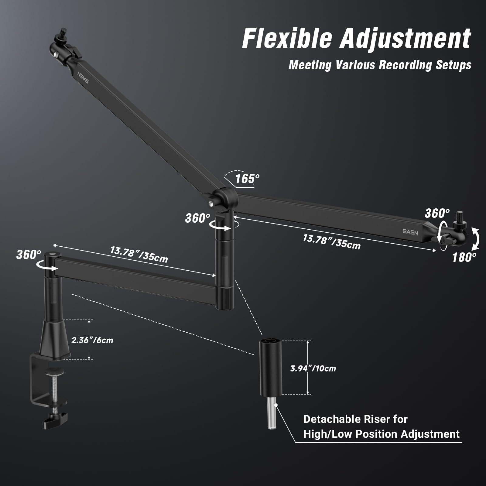BASN Low Profile Mic Arm, Mikrofon-Galgenarm Ständer mit Tischklemme, drehbares und verstaubares Design, Kabelmanagementk, 3/8 Zoll auf 5/8 Zoll Gewindeadapter für Podcast, Gaming, Streaming