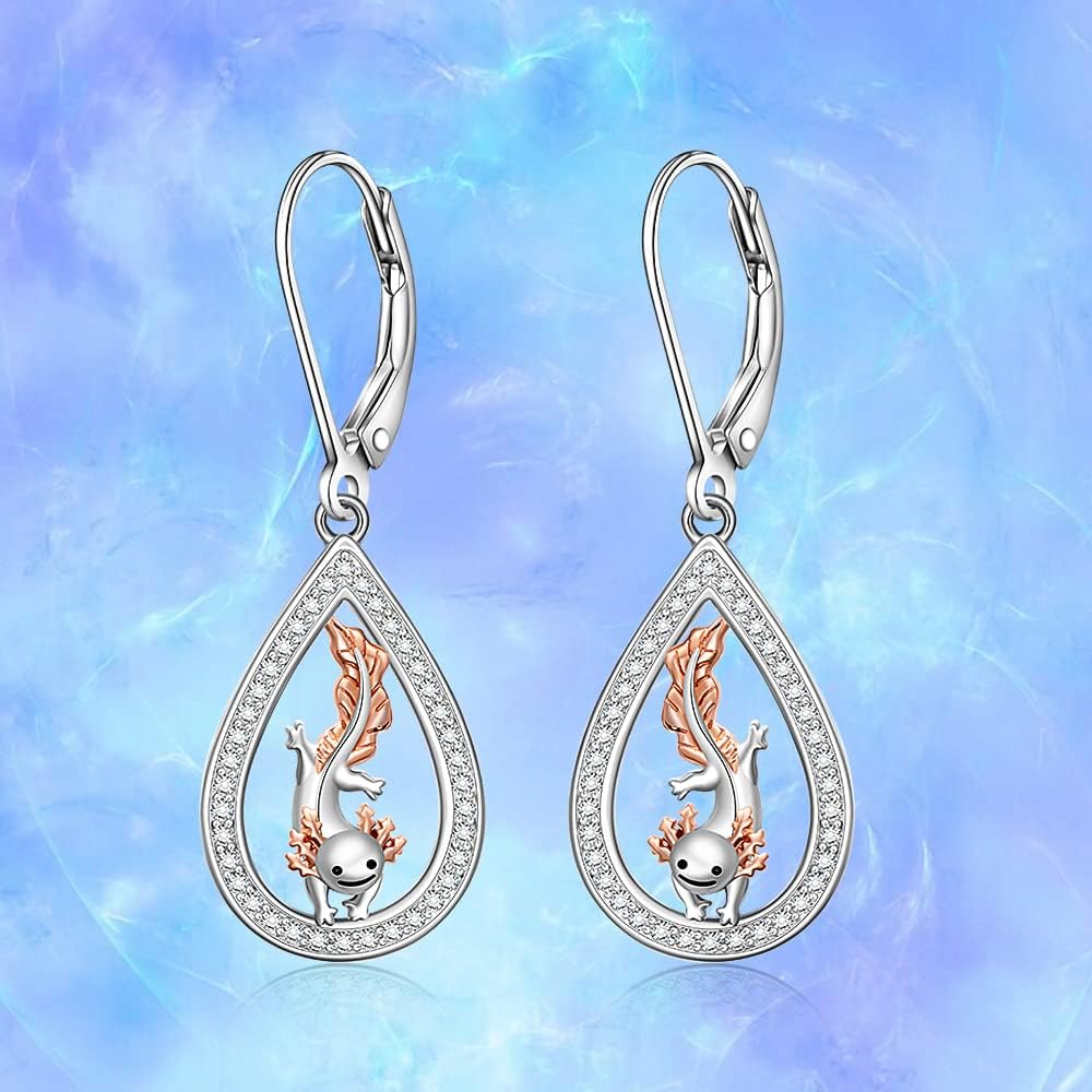 Axolotl Earrings for Women Dangle Hanging Mexican Jewelry Sterling Silver Cubic Zirconia Earrings 925 Animal Cute Dainty Axolotl Gifts for Axolotl Lovers Friend Mom Sister