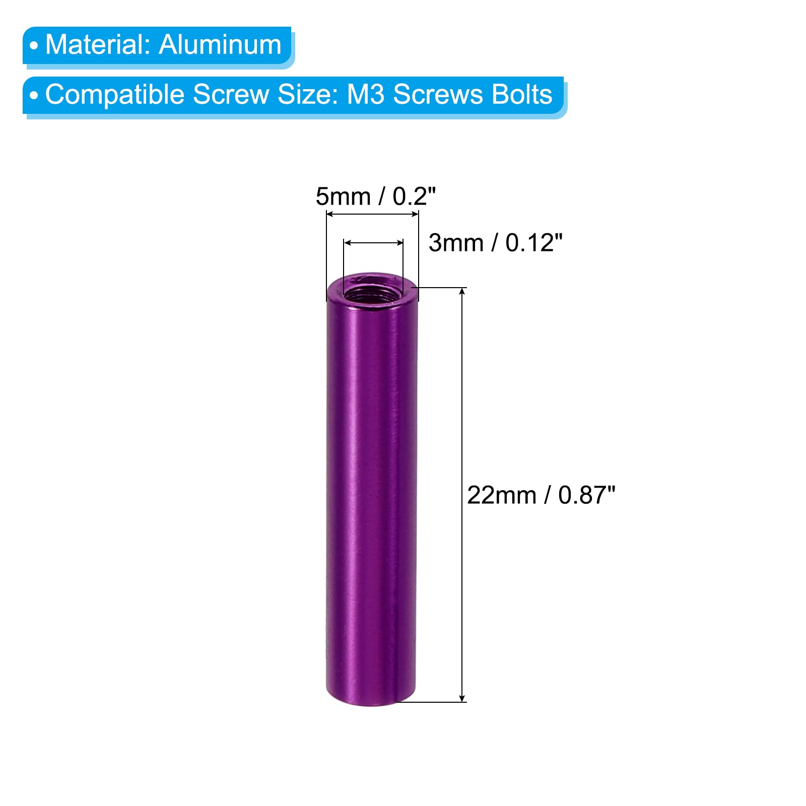 PATIKIL 12pcs M3 Metal Threaded Standoff Spacer Nuts, Round Aluminum Spacers Female Coupling Screws, 1/8" ID X 3/16" OD, Metallic Silvery 3x5x10mm