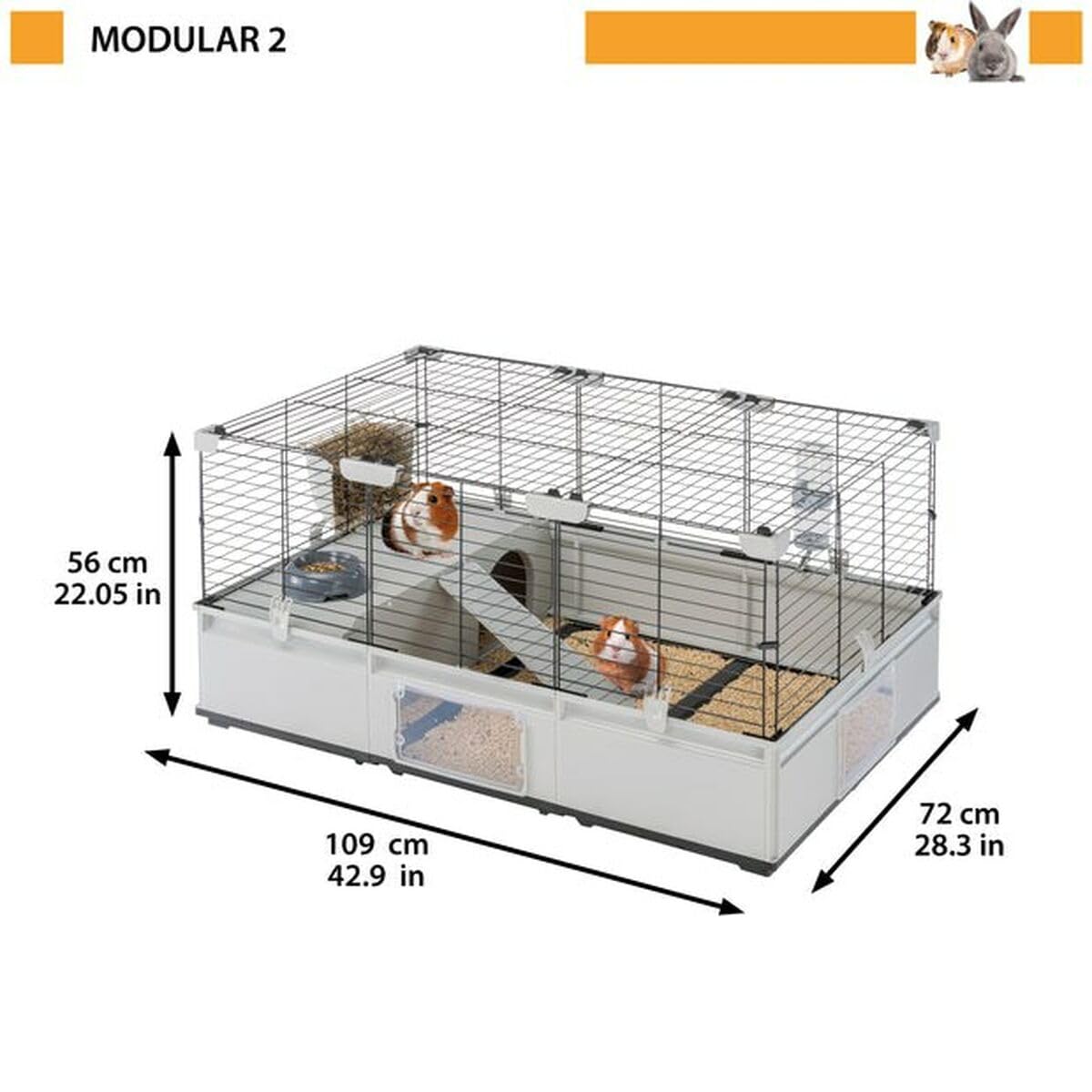 Ferplast Klatka dla królika, klatka dla świnki morskiej, MODULAR 2, rozszerzana, akcesoria w zestawie, łatwe do czyszczenia, 109 x 72 x wys. 56 cm