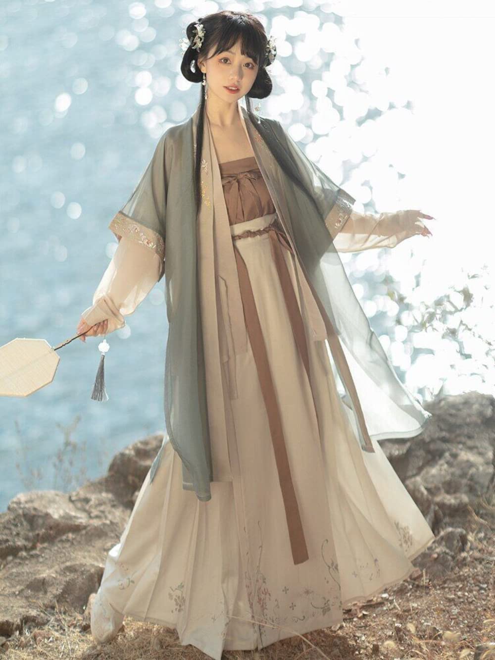 Chińska sukienka Hanfu 4 szt. zestaw herbata zielona płynąca sukienka maxi chińskie starożytne kobiety