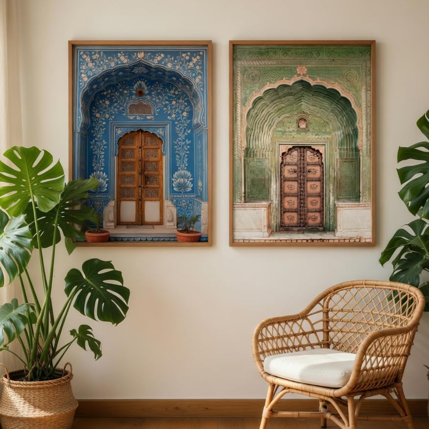 Image of Livin'luxe Indian Heritage Door Architecture Wall Painting Set of 2 with Wooden Frames | Vintage Haveli Arch Door Artwork HD Sparkle Laminated MDF Wall Decor for Living Room Bedroom Hallway