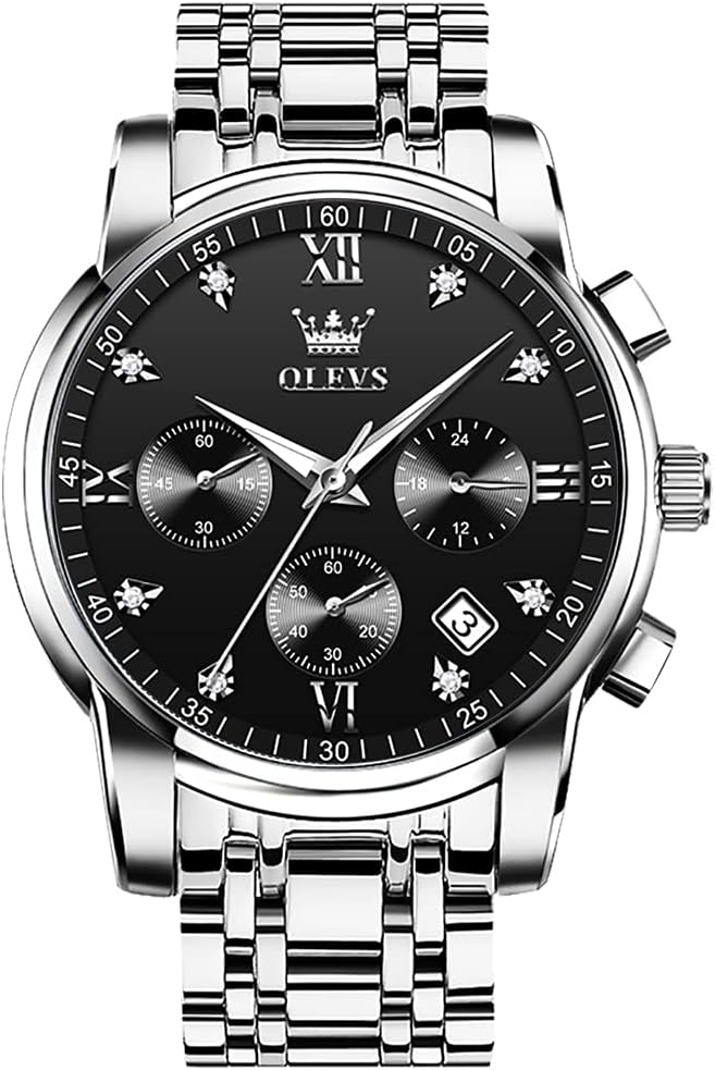 OLEVS Watch Men Black Watches for Men Dress Silver Mens Watches Waterproof Stainless Steel Analog Quartz Metal Luxury Diamond Wrist Watch for Man Day Date Chronograph Large Face Reloj para Hombre