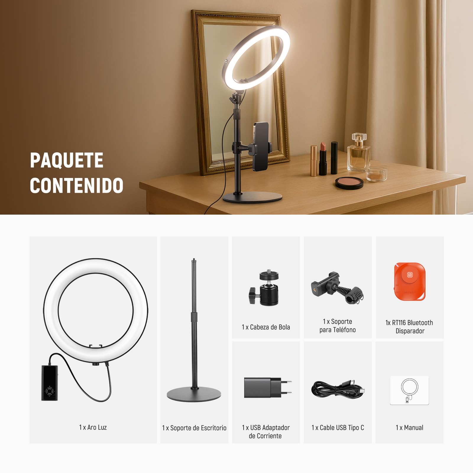 NEEWER 10" 20W Aro Luz LED con Soporte Teléfono Escritorio para iPhone Portátil, Bicolor 2900K-7000K, USB C PD, CRI97+ 1660LX/0.5m, Luz para Videoconferencia, Grabar TikTok, Maquillaje y Selfie,RH10B