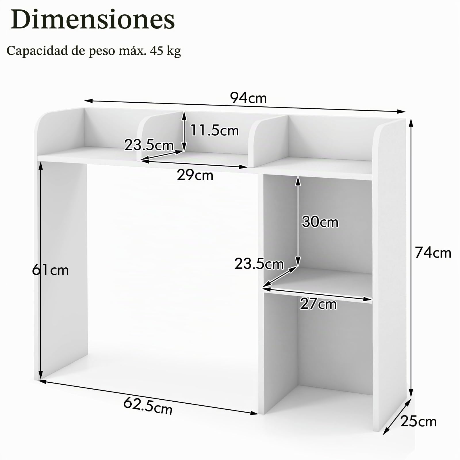 HOMASIS Librería de Escritorio, Estantería de Escritorio con 4 estantes y Compartimento Abierto Trasero, Organizador de Escritorio Multiusos con Dispositivo antivuelco, 94 x 25 x 74 cm (Blanco)