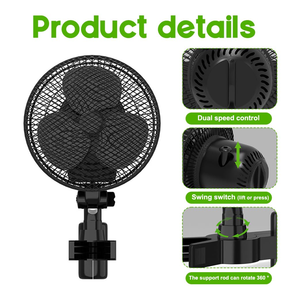DASIAUTOEM Grow Ventilatore oscillante con morsetto, 330 CFM, motore EC, oscillante, IP54, timer silenzioso da 8 W