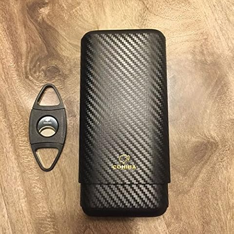 CIGAR IN STYLE Carbon Fiber Leather 3 Ct Wooden Cigar Case Travel Humidor + Free Cutter Cover