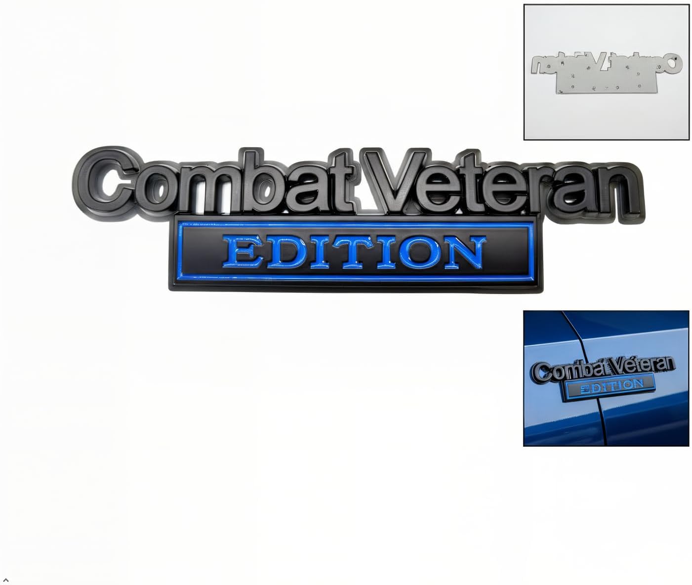 Combat Veteran Edition Car Emblems, 3D Military Fender Badge Stickers, Side Door Decals for Vehicle, Truck, SUV, 2 Pack (Black/Blue)