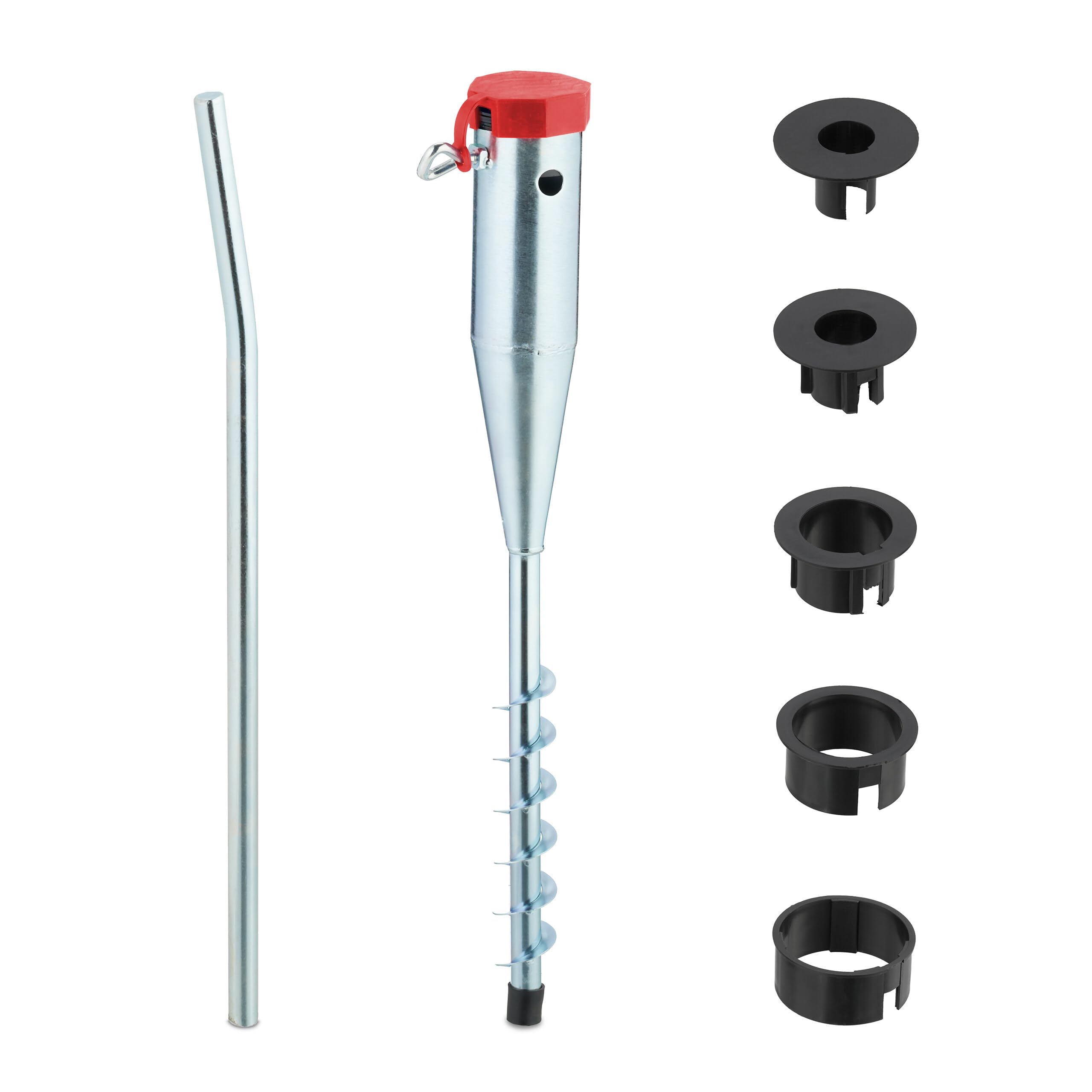Relaxdays Silver/Red Parasol Ground Anchor, Socket For Umbrella & Rotary Dryer, 25-55 Mm Pole, Screw-In, Steel Spike,