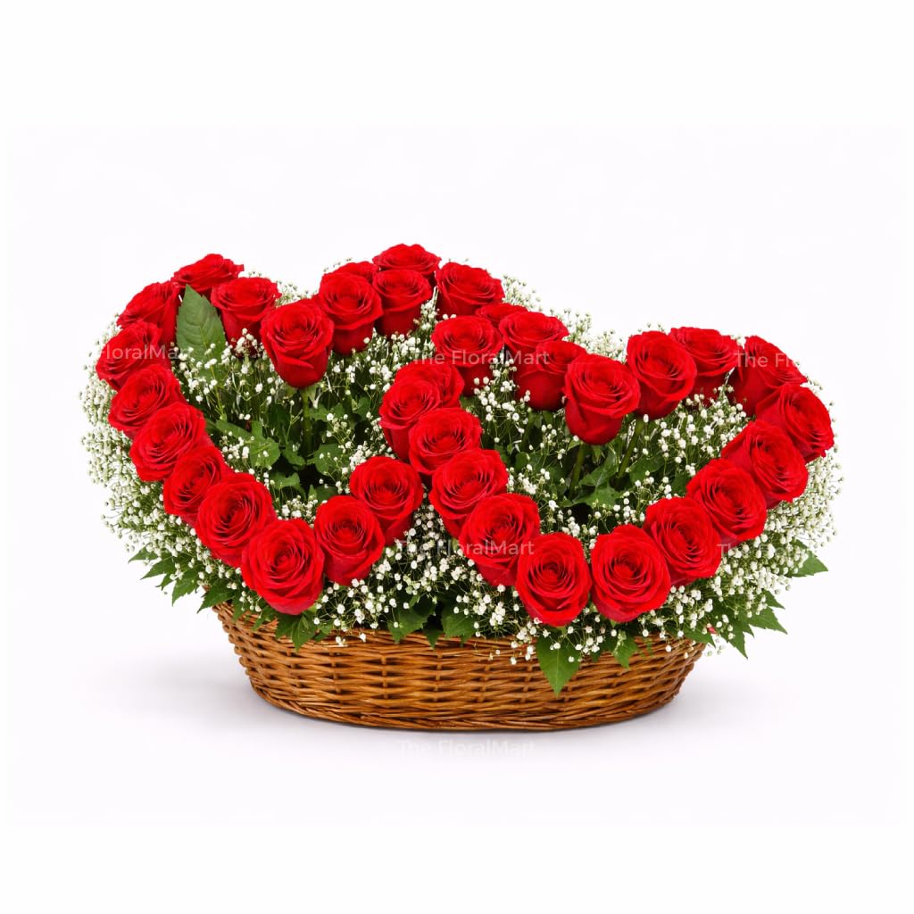 The FloralMart Basket Fresh Flowers Arrangement of 50 Red Roses in Double Heart Shape with Seasonal Fillers, for Birthday Gift, Anniversary Gift, Wedding Gift, Valentines Gift, (Same Day Delivery)-image-7