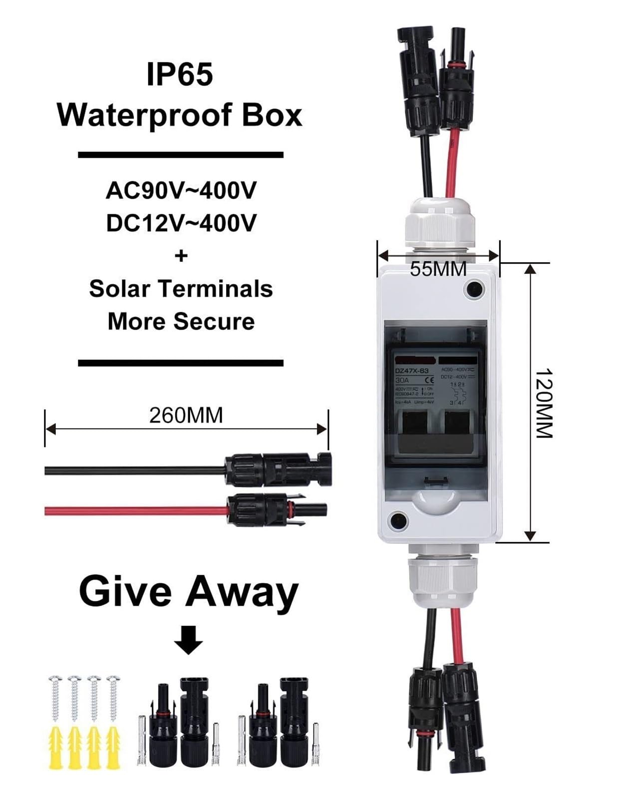 1PCS Interruttore di isolamento solare Interruttore automatico con scatola impermeabile 30A DC/AC400V Scatola combinatrice del fotovoltaico elettrico da giardino fotovoltaico