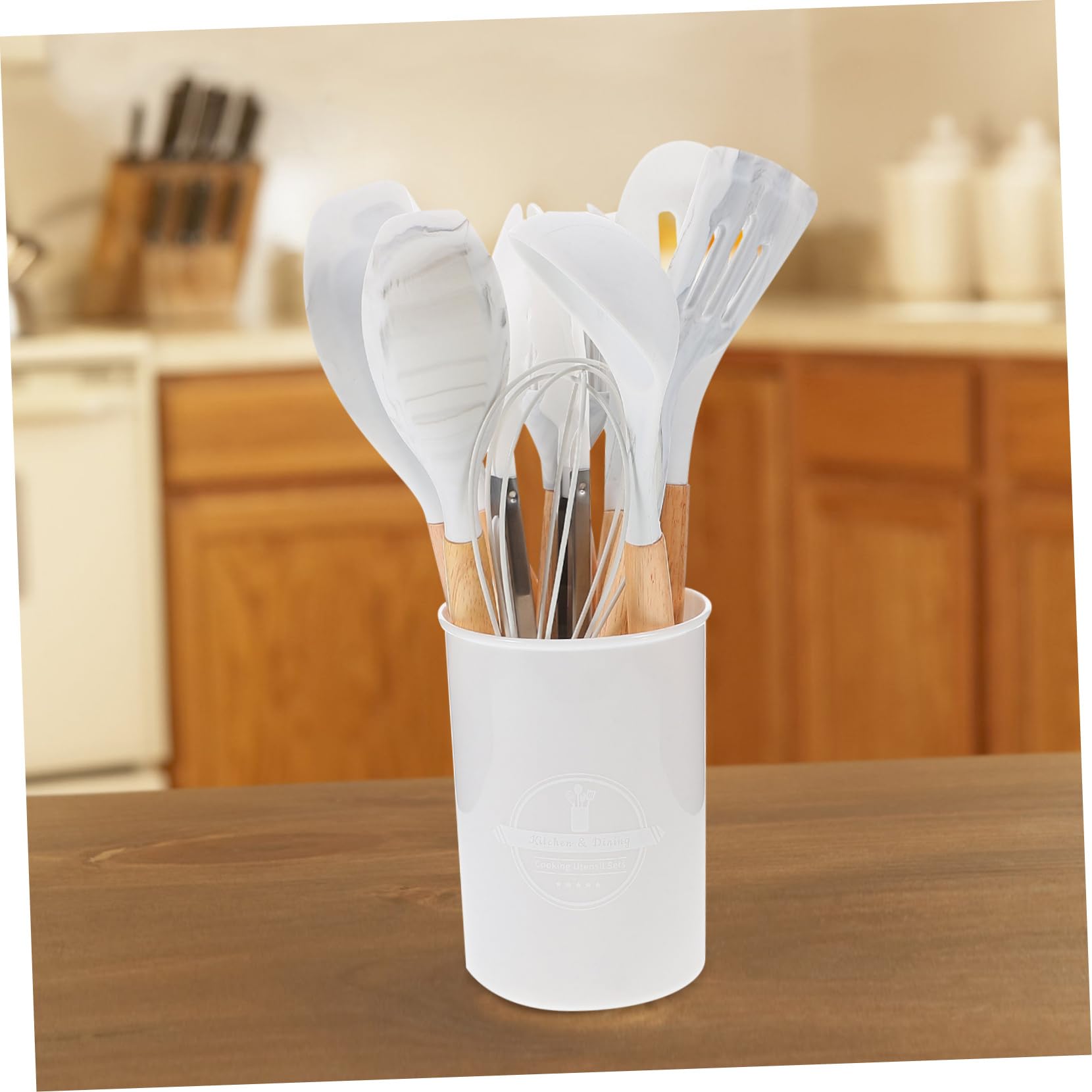 12pezzi Utensili Da Cucina Silicone Contenitore Strumenti Antiaderenti e Manici Legno Ergonomici Per Cucinare Comodità e Stile