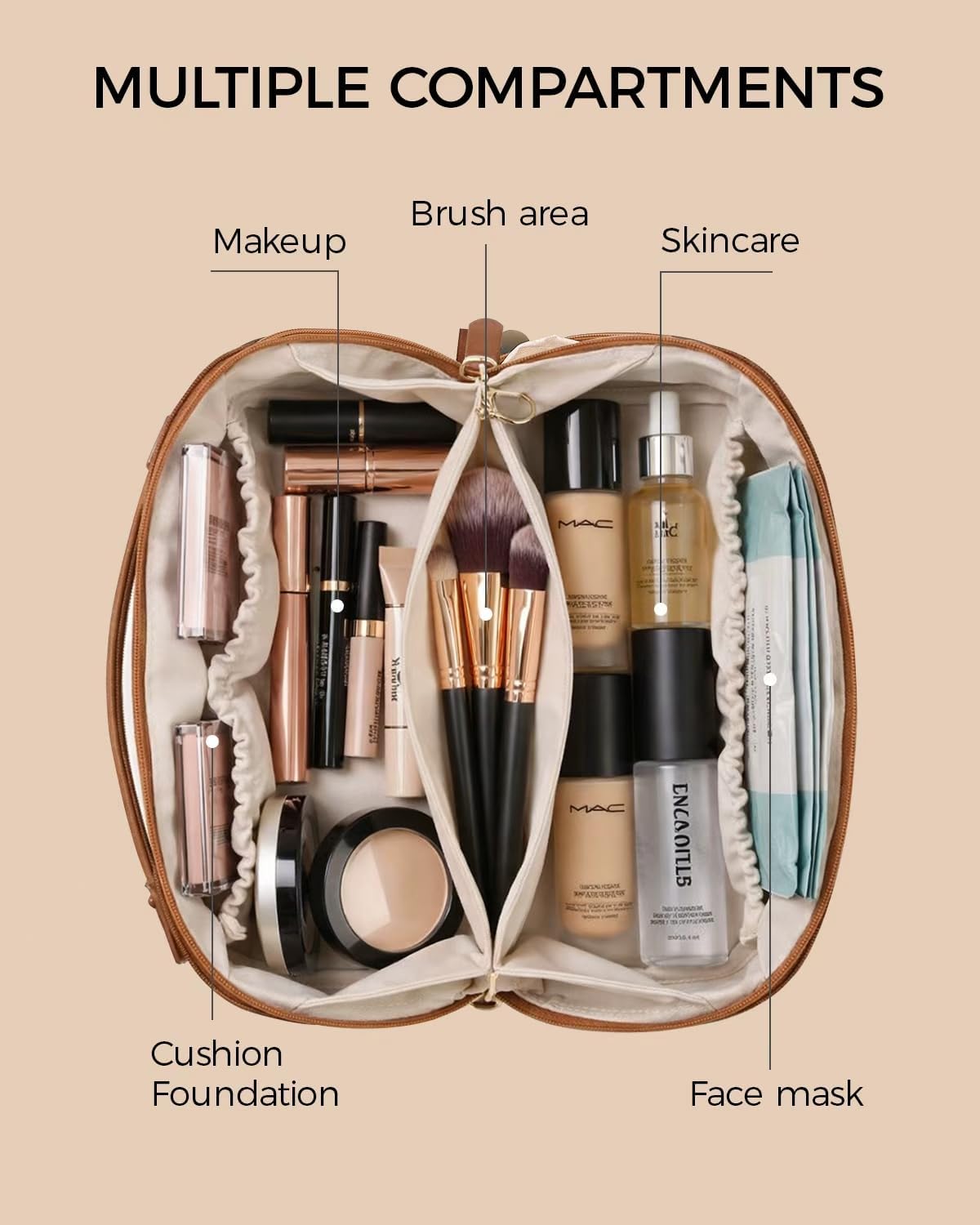 Travel Makeup Bag Organizer with TSA Approved Clear Pouch, Large Capacity Cosmetic Case with 180° Wide Open Design, Portable Toiletry Bag with Dividers for Brushes & Toiletries - Image 4