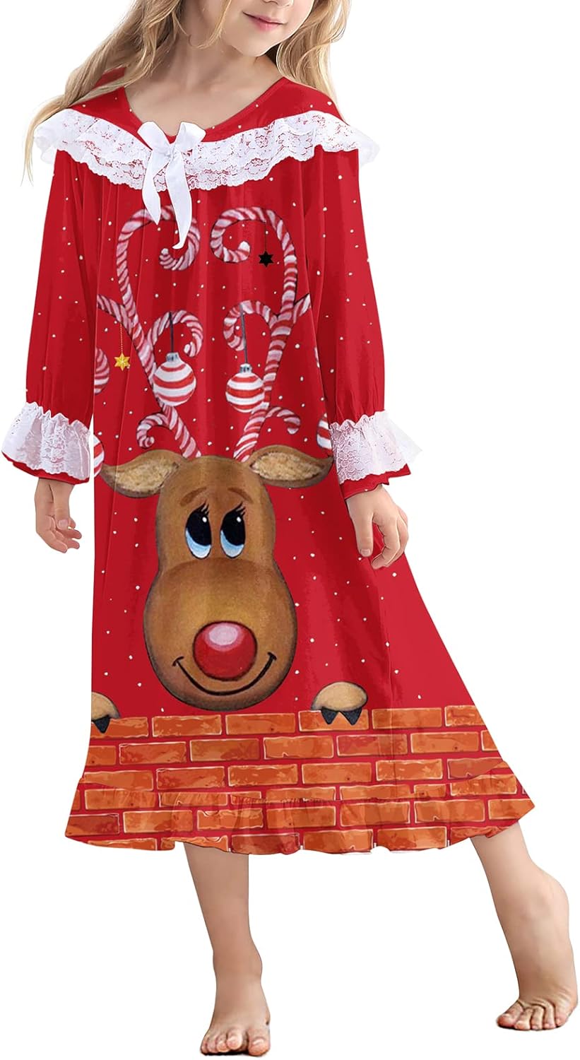 Girls Christmas Nightgowns Size 4-5 Funny Deer Princess Sleep