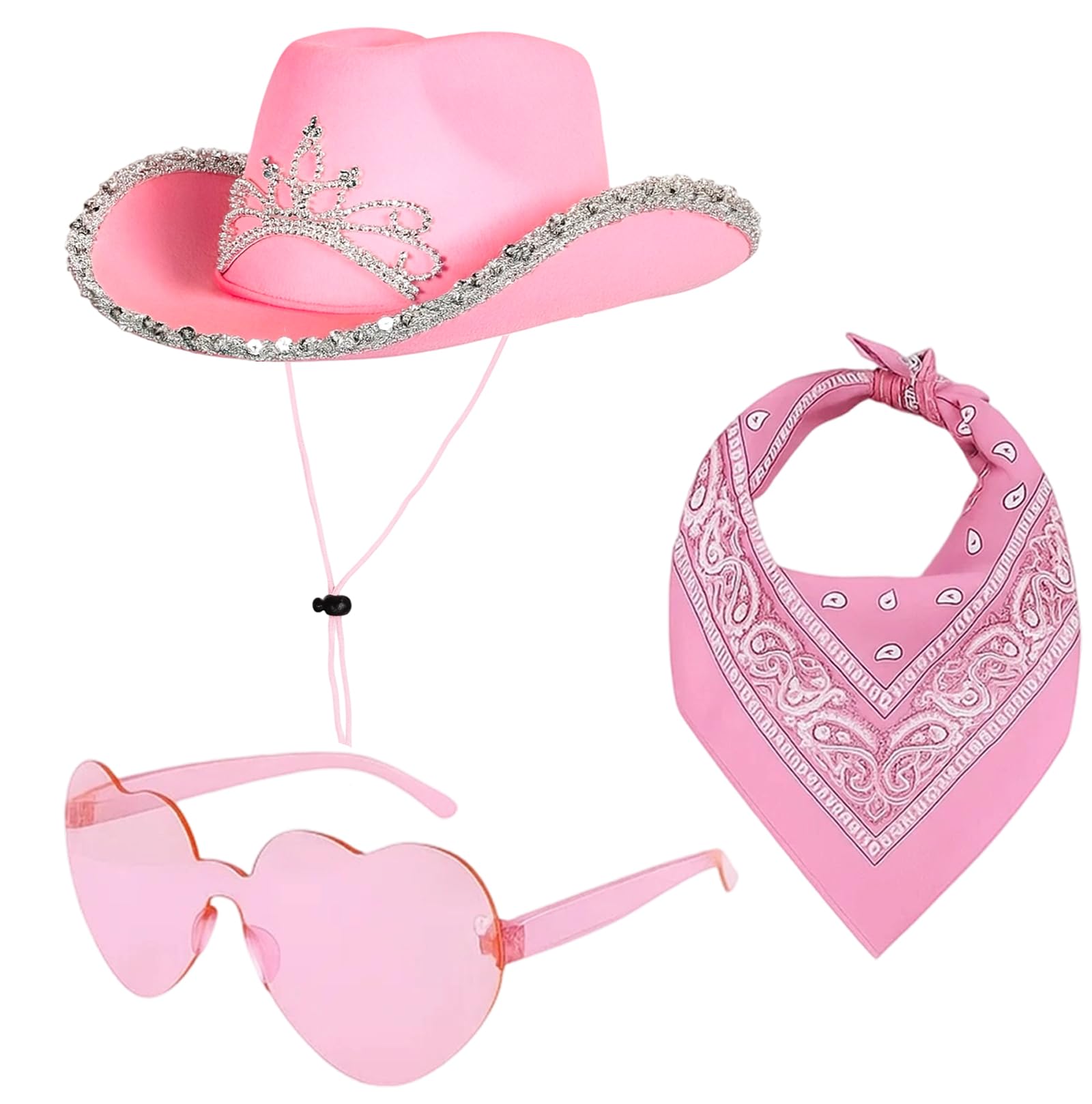 ZcrPrn Pink Cowboy Hat, 3 PCS Sequin Cowgirl Hat with Paisley Bandana and Heart Sunglasses for Women and Girls, Western Cowboy Accessories for Themed Parties, Halloween Costumes, Music Festivals