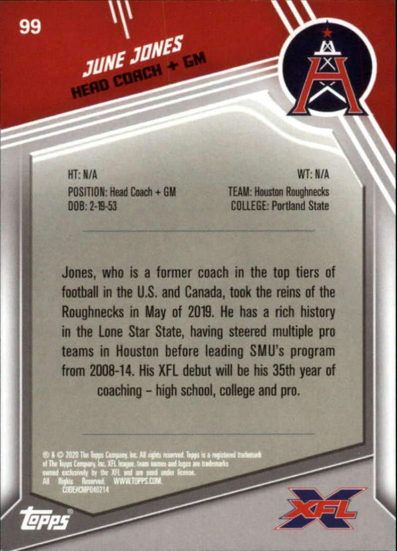 2020 Topps XFL Black #99 June Jones S5 Houston Roughnecks Official Football Trading Card
