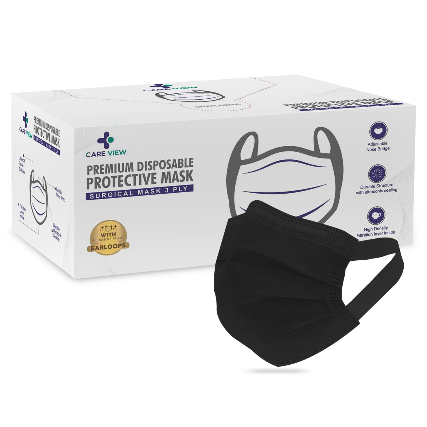 Careview N95 3 Ply Disposable Surgical Face Mask Box with FABRIC Earloop and built in Nose Pin, Certified by BFE>99% and PFE > 95%, SITRA, DRDO, ISO and CE (BLACK, Pack of 400)