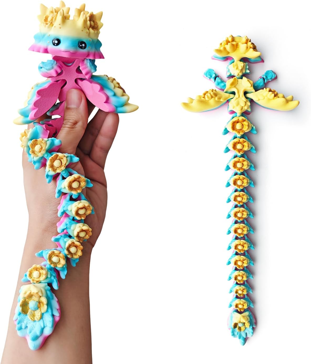 3D Printed Axolotl Fidget, Big 3 d Print Flower Axolotls Dragon with Flexible Wings, 12 inch Wiggly Hand-Paint Articulated Large Creatures Blue & Purple