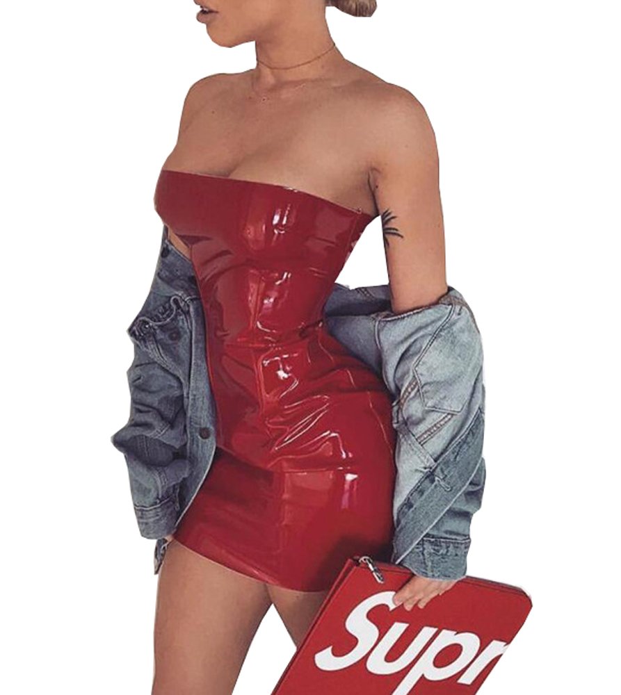 BEQUEEN Women's Fashion Latex PU Sleeveless Slash Neck Tight Evening Club Dress Red S