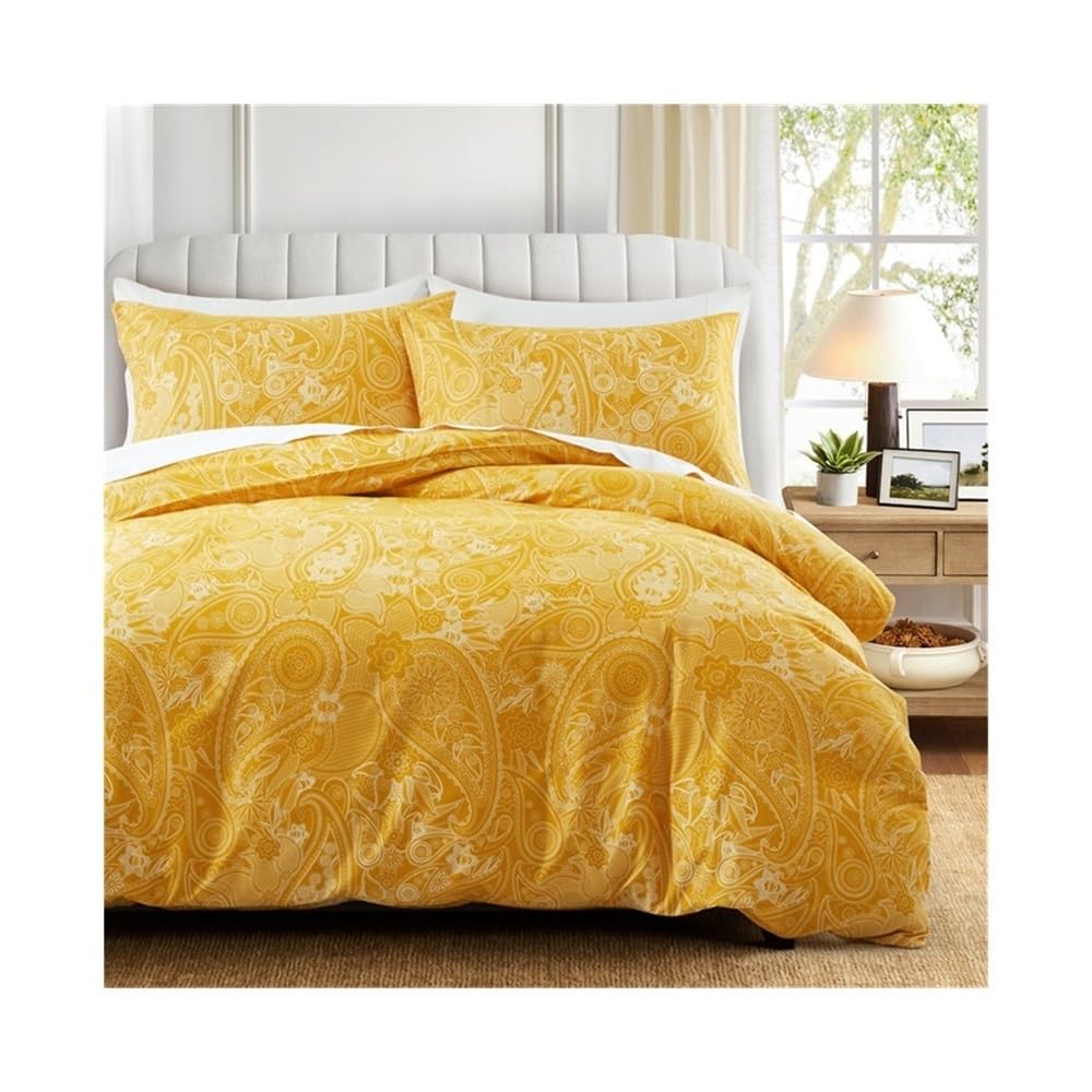 VHKJewE Boho Duvet Cover Set Yellow and White Paisley Floral Bedding with Reversible Comforter Set(EU SK(260x220cm))