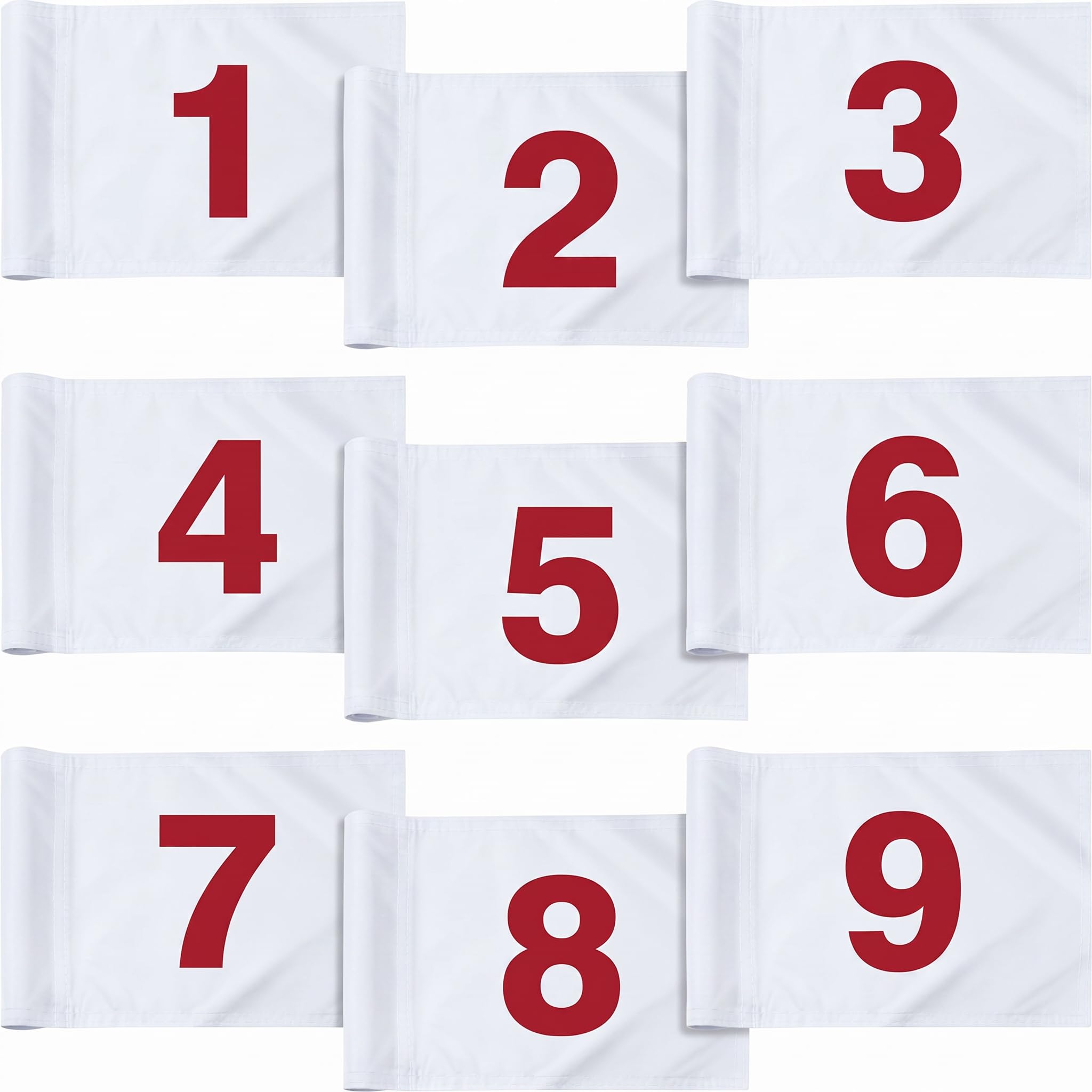 9 Stück große nummerierte Golfflaggen mit Schlauch eingesetzt, 50,8 cm L x 35,6 cm H, übergroße Putting grüne Flaggen, weiße Nummer 1-9, 420D Nylon-Flagge für Hof, Innen- und Außenbereich, Hinterhof,