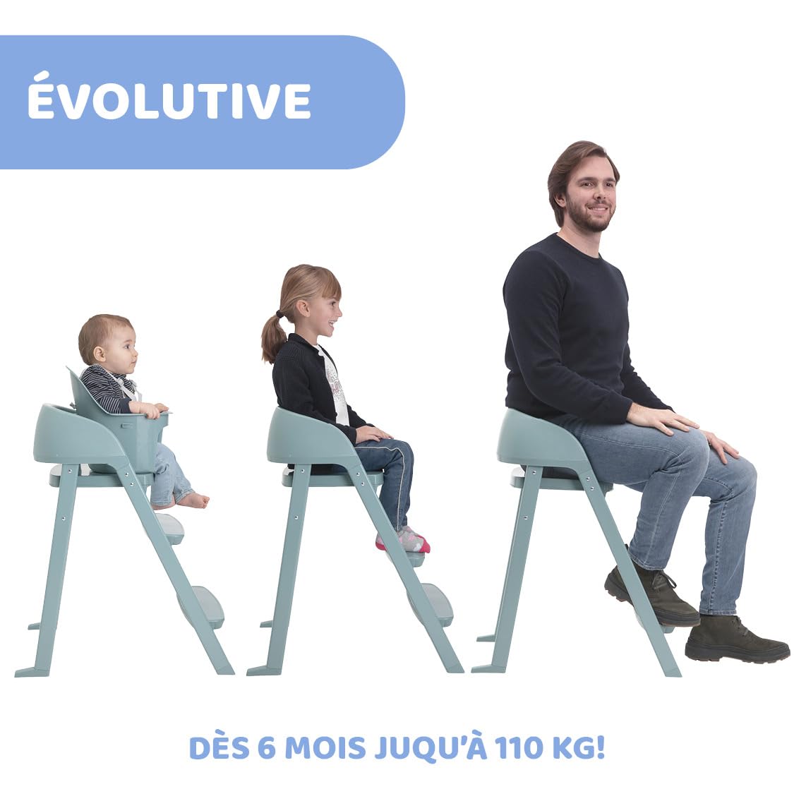 Chicco Crescendo Lite, Trona Evolutiva Bebé con 3 Configuraciones: Trona Bebés, Silla Elevadora para Niños y Taburete para adultos, De 6 meses hasta 110 kg, Cierre compacto Plegable, Verde agua