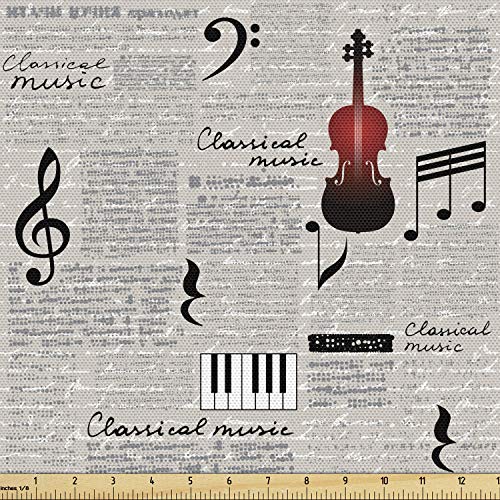 Lunarable Old Newspaper Fabric by The Yard, Classical Music Lettering in Hand Writing Style with Violin Instrument, Decorative Fabric for Upholstery and Home Accents, 1 Yard, Beige Black