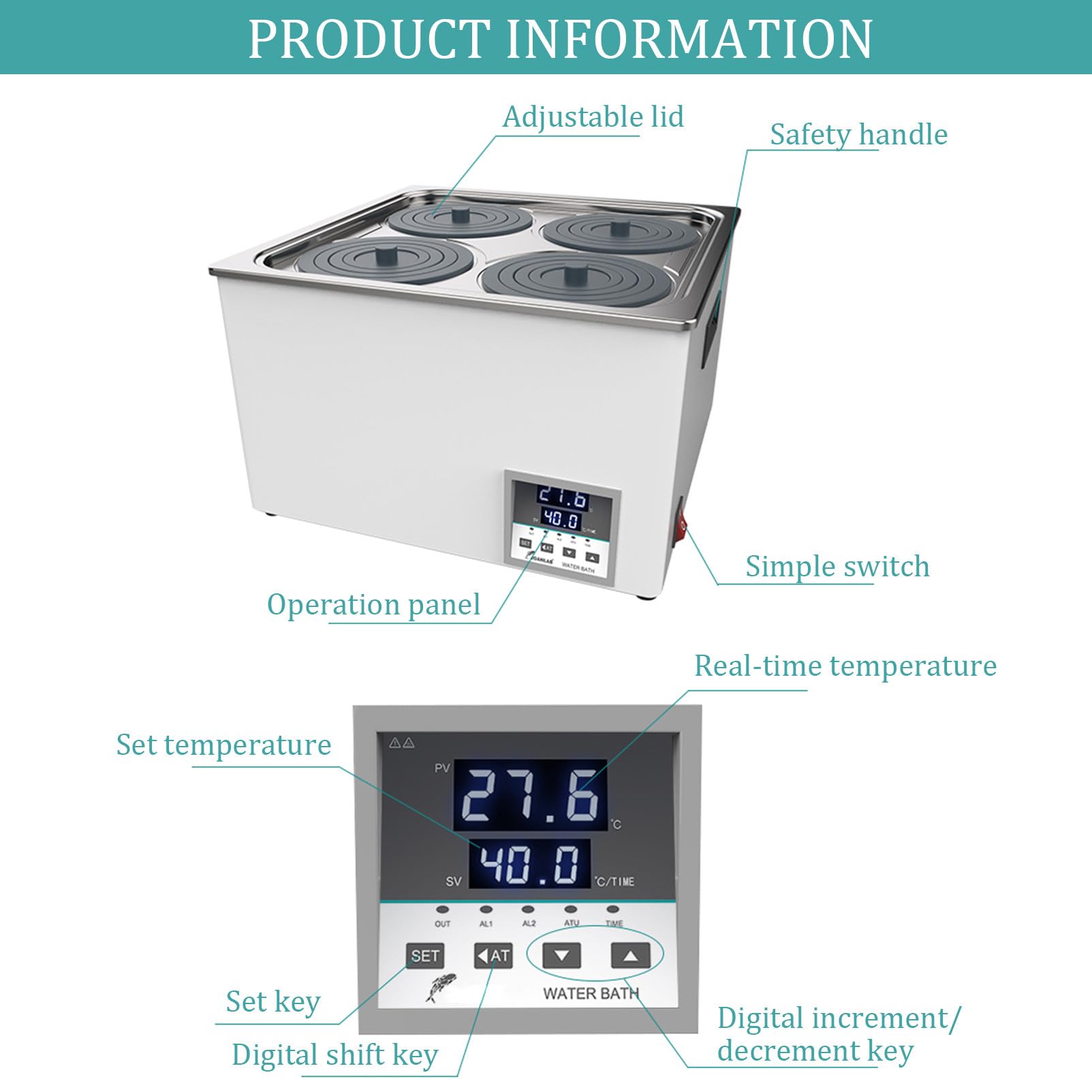 Digitales Labor Wasserbad Water Bath kommerzieller laborwasserbad Heating Devices Stainless Steel Liner mit wählbaren Öffnungen für Experiment,6Hole