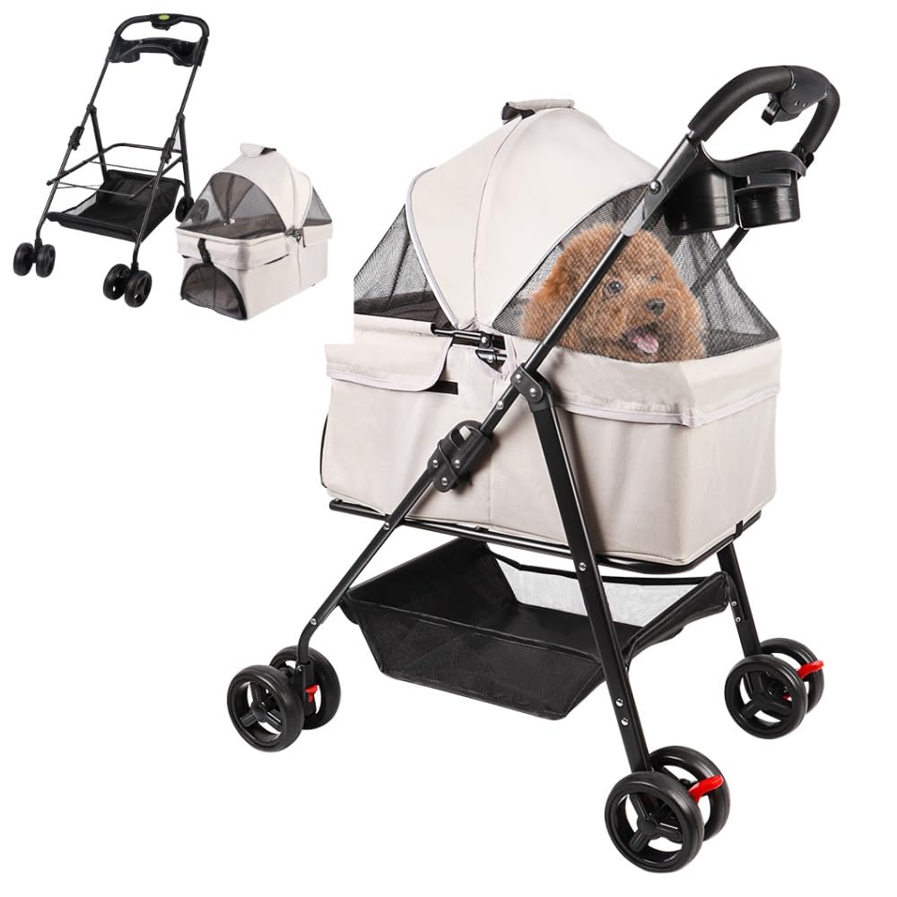 Passeggino per cani 3 in 1,Passeggino pieghevole animali,4 ruote,Carrello per il trasporto con maniglia rimovibile,Cuscino,Tenda regolabile,Tessuto Oxford,Navicella rimovibile