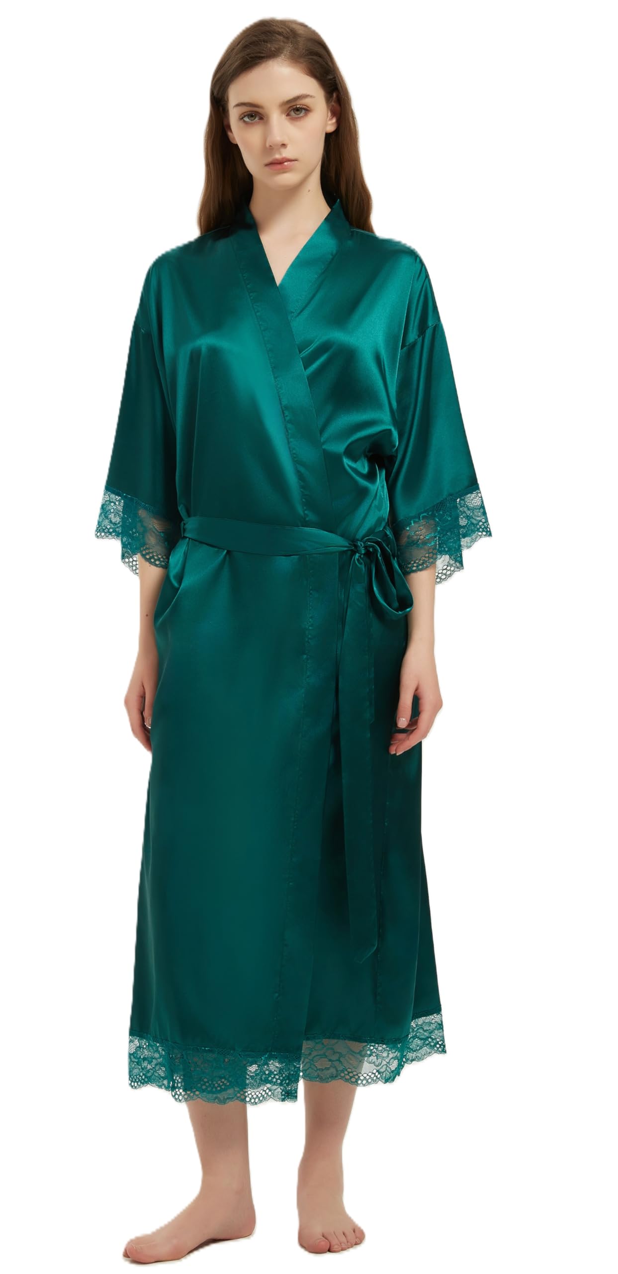 Womens Satin Robe Long Silk Kimono Bathrobe Lace Trim Bride Bridesmaid Robes Wedding Party Sleepwear Loungewear