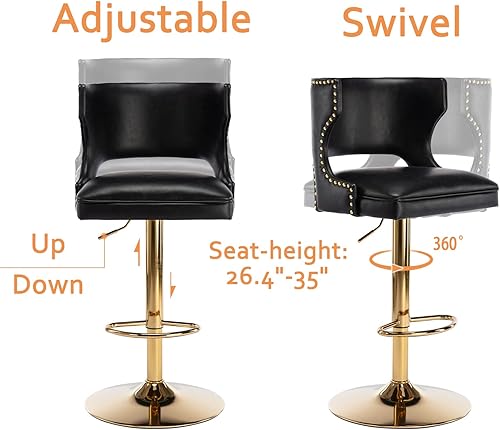 Miniatura 5 de Shunzhi Juego de 2 taburetes de bar giratorios de piel sintética, taburetes de bar ajustables con respaldo abiertobase tapizada, sillas de bar