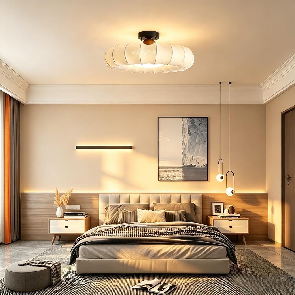 Lampa sufitowa LED w stylu francuskim vintage Ściemnialna lampa sufitowa z kloszem z tkaniny Z pilotem zdalnego sterowania Wykonana z miedzi Odpowiednia do salonu i sypialni