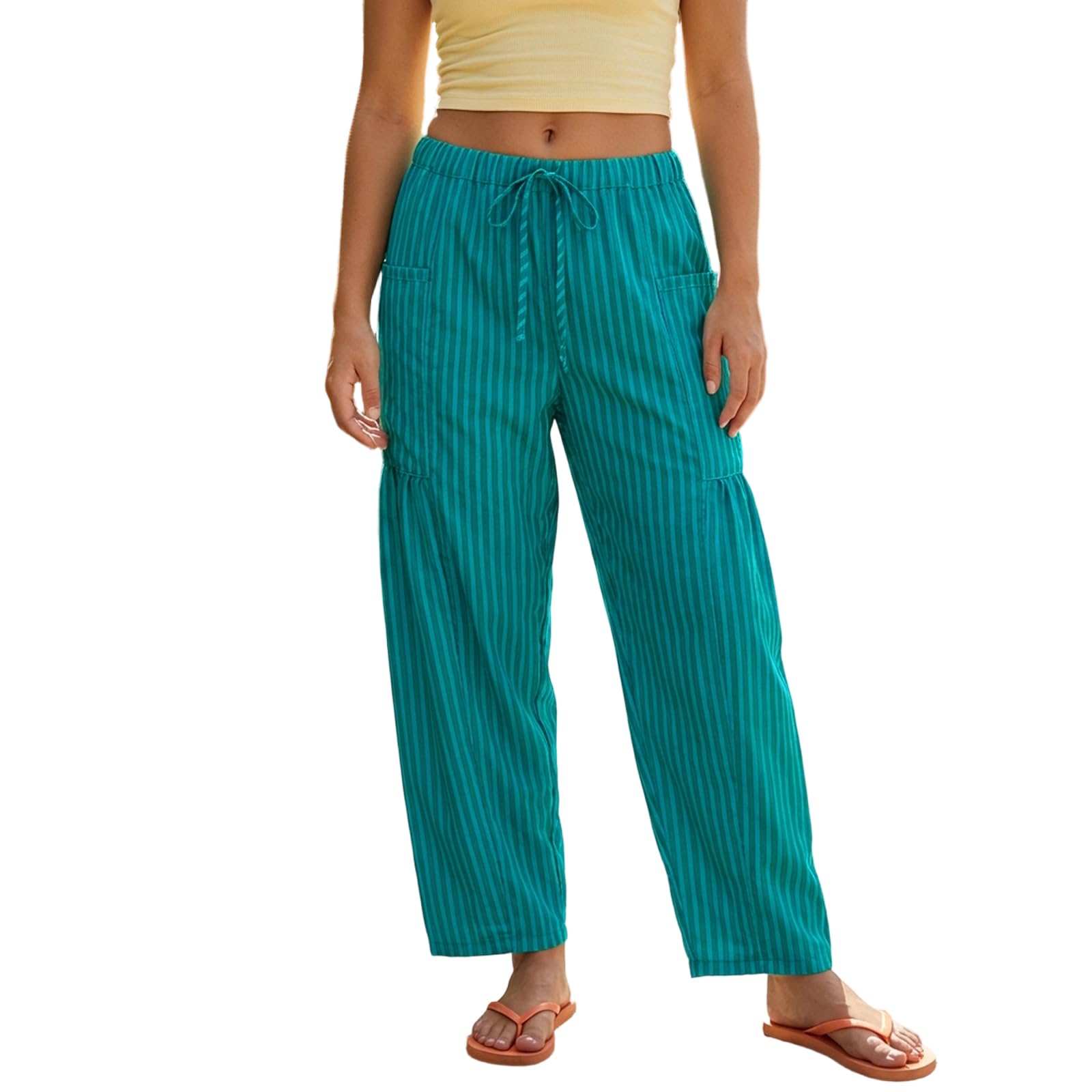 Sexy Outfit Pantalon Sarouel rayé en Coton et Lin pour Femmes, Ample, Jambes Larges, Cordon de Serrage, Pantalon de Plage avec Poches, vêtements de détente d'été