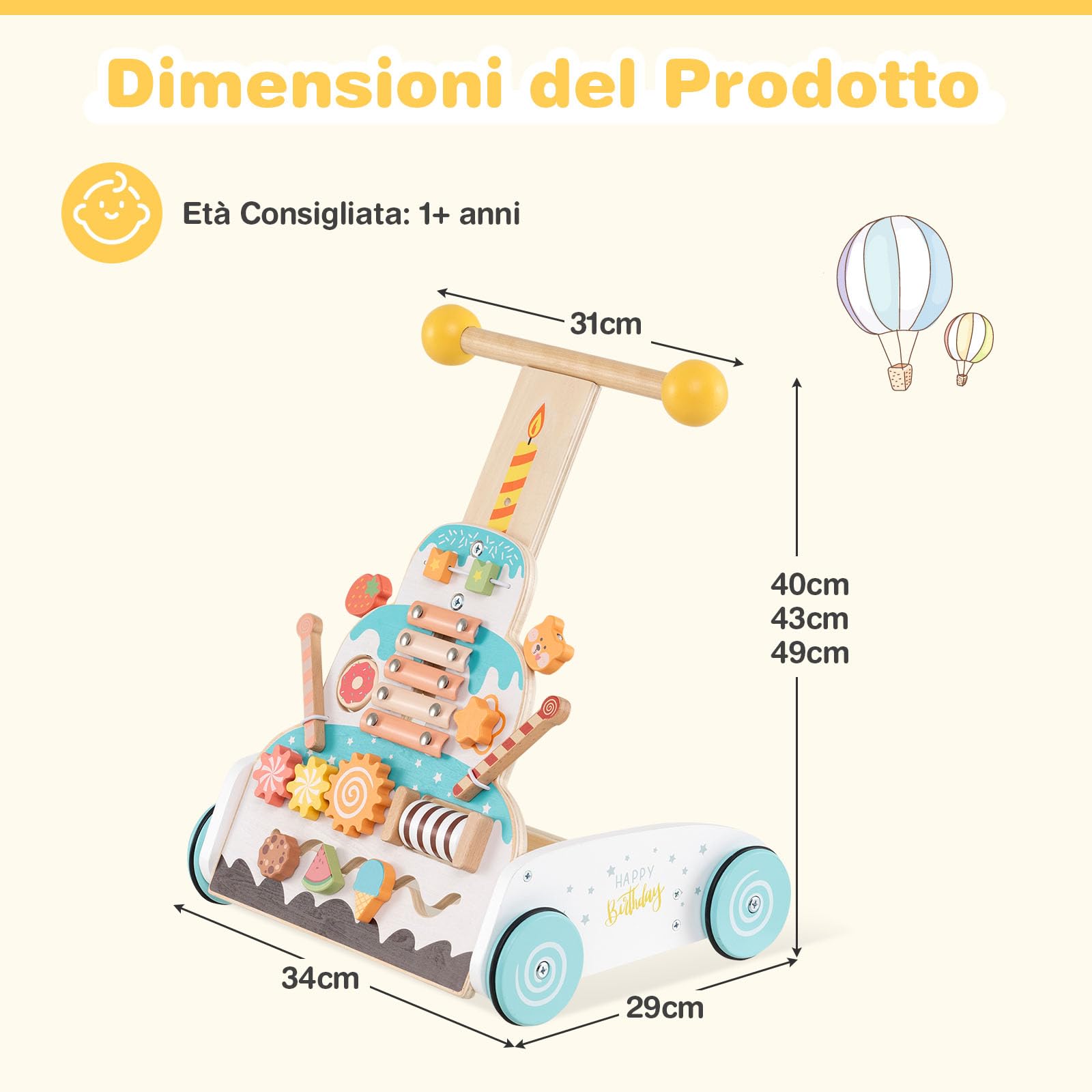 COSTWAY Carrello Primi Passi Spingitore Evolutivo Regolabile in Altezza | Girello in Legno con Xilofono, Blocchi Scorrevoli e Perline Mobili, Centro Attività per Bambini 1+ Anni