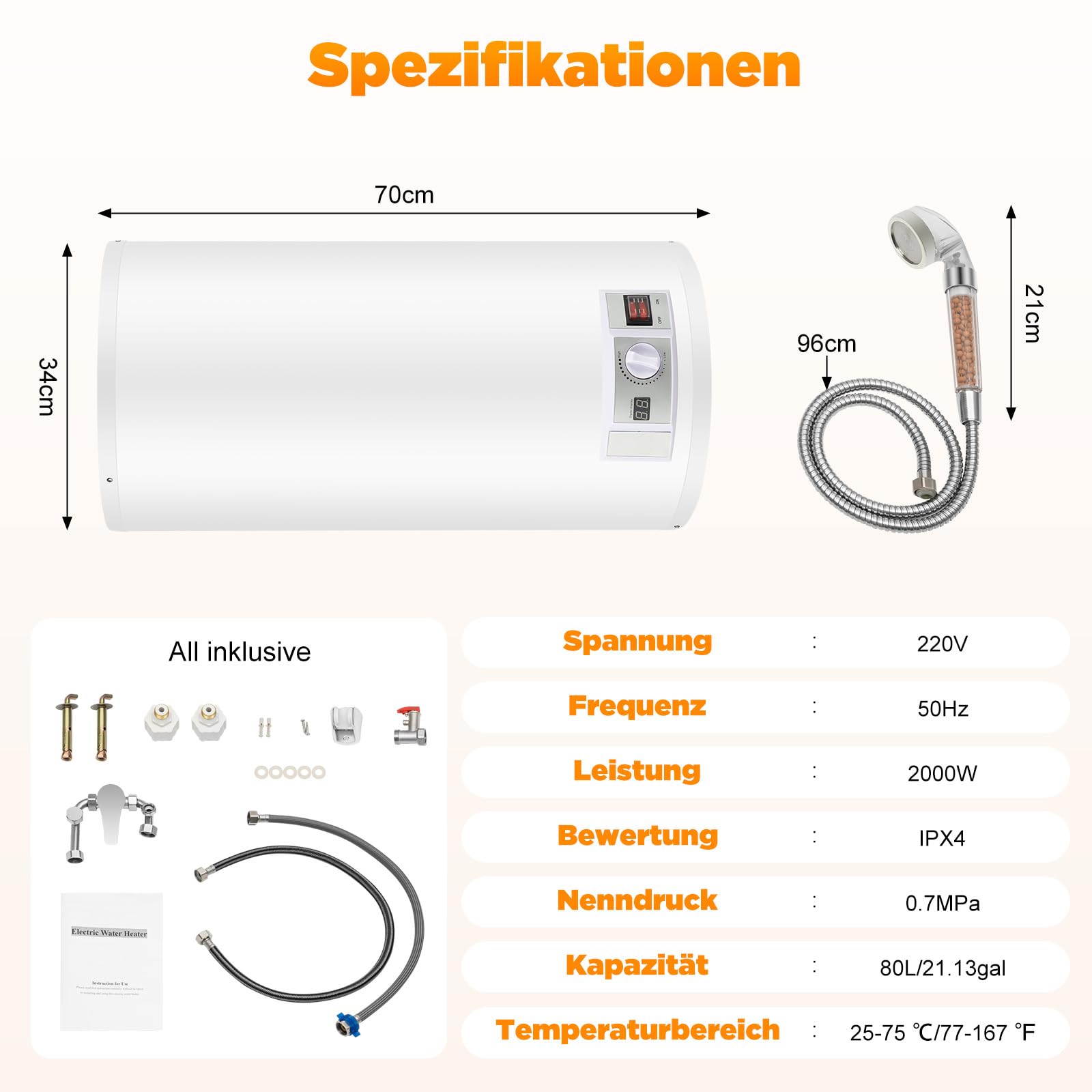80L Warmwasserspeicher 2000W mit Handbrause, Temperatur regelbar 77-167°F und verdickter Isolierung, Elektro Warmwasserspeicher mit LED-Display und komplettem Zubehör für Bad und Dusche